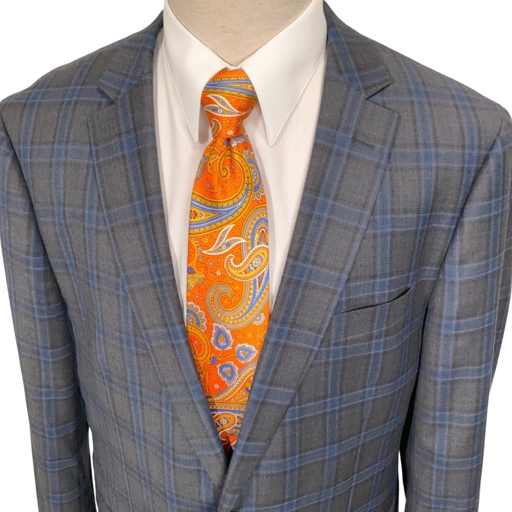 Mantoni Blazer Mens 46L Gray Blue Plaid 2-Button Super Fine Wool Jacket